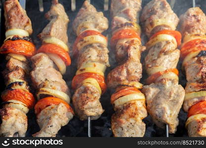 Barbecue Grilled pork kebabs meat, pieces of meat on skewers. process of cooking marinated meat with spices and tomato. outdoor picnic, barbecue. Barbecue Grilled pork kebabs meat, pieces of meat on skewers. process of cooking marinated meat on fire.