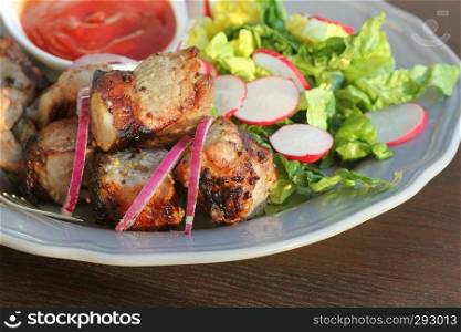Barbecue meat. Grilled pork skewers with salad on plate.
