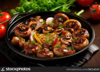Barbecue mushrooms in frying pan. Barbecue mushrooms in frying pan.