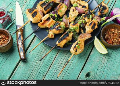 Barbecue of chicken on skewers with onion.Grilled meat skewers. Bbq meat on wooden skewers