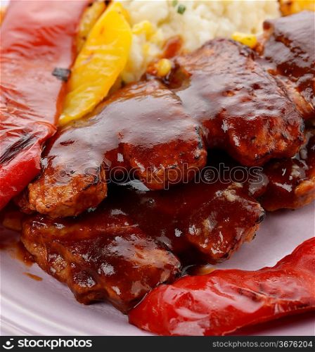 Barbecue Pork Ribs With Grilled Sweet Pepper