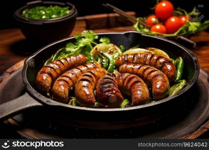 Barbecue sausages in frying pan. Barbecue sausages in frying pan.