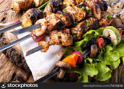 Barbecue skewers with juicy meat.Marinated shashlik preparing on barbecue grill. BBQ fresh beef