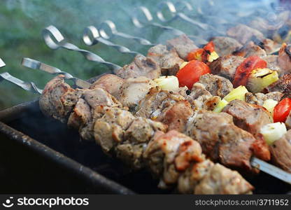 Barbecue with delicious grilled meat and onions on grill