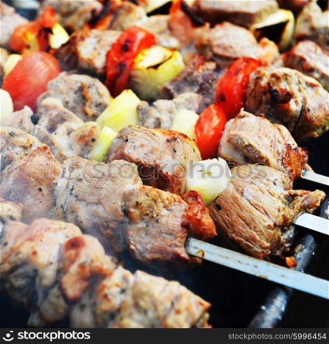 Barbecue with delicious grilled meat and onions on grill