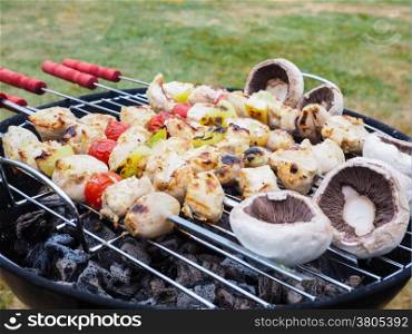 Barbecuing chicken, vegetables and champignon on spear over charcoal grill
