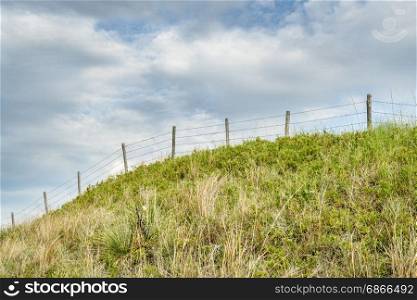 barbed wire fence in Nebraska Sandhills, summer scenery