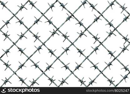 Barbed wire fence pattern isolated on a white background as metal wire with sharp spikes as a security and danger metaphor for incarceration and brutality symbol or protection icon.