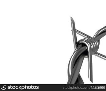 Barbed wire spike closeup, corner version isolated on white background