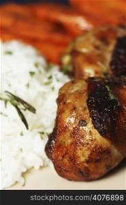 Barbeque chicken meal with rice and carrot