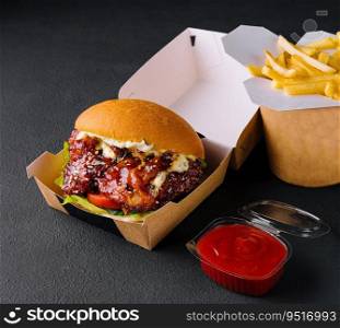 Barbeque chicken meat burger and french fries