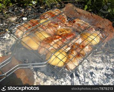 Barbeque fried on the bonfire and coals