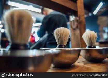 barbershop barber tools, shaving brush in bowl