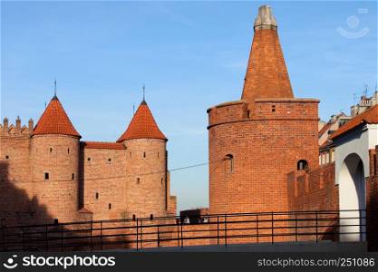 Barbican and tower of the Old Town fortifications in Warsaw, Poland.