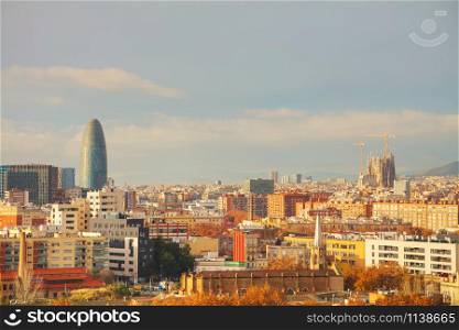 Barcelona aerial panoramic overview on a sunny day