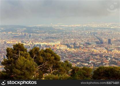 Barcelona. Aerial view of the city.. Aerial view on Barcelona from the top of the hill of Tibidabo. Catalonia. Spain.