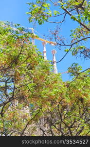 BARCELONA - APRIL,26: green tree in Barcelona in spring with Sagrada Familia background. on April 26, 2012 in Barcelona. Construction of Basilica was commenced in 1882 and redesigned by Catalan architect Antoni Gaudi from1883