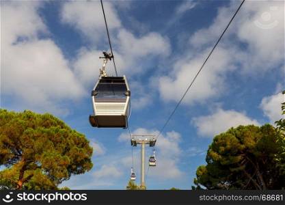 Barcelona. Cable car.. View of the cable car above the hill of Montjuic. Barcelona. Spain.