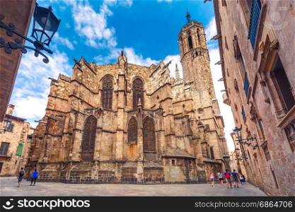 Barcelona Cathedral as seen Freneria Street, Spain. Panorama of Cathedral of the Holy Cross and Saint Eulalia, as seen Freneria Street, Barcelona, Catalonia, Spain