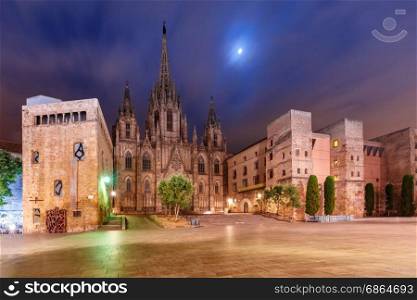 Barcelona Cathedral in the moonlit night, Spain. Cathedral of the Holy Cross and Saint Eulalia in the moonlit night, Barri Gothic Quarter in Barcelona, Catalonia, Spain