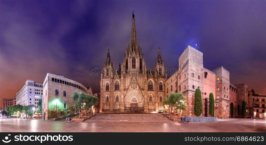 Barcelona Cathedral in the moonlit night, Spain. Panorama of Cathedral of the Holy Cross and Saint Eulalia in the moonlit night, Barri Gothic Quarter in Barcelona, Catalonia, Spain