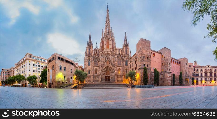 Barcelona Cathedral in the morning, Spain. Panorama of Cathedral of the Holy Cross and Saint Eulalia during morning blue hour, Barri Gothic Quarter in Barcelona, Catalonia, Spain