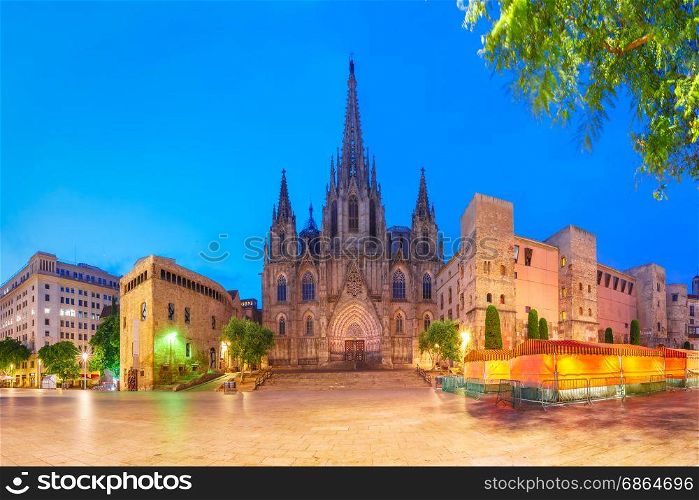 Barcelona Cathedral in the morning, Spain. Panorama of Cathedral of the Holy Cross and Saint Eulalia during morning blue hour, Barri Gothic Quarter in Barcelona, Catalonia, Spain