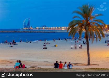 Barcelona. City beach at dawn.. City sandy beach in the area of the Olympic port at dawn. Barcelona. Spain.