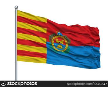 Barcelona City Flag On Flagpole, Country Spain, Isolated On White Background. Barcelona City Flag On Flagpole, Spain, Isolated On White Background