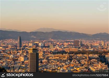 Barcelona cityscape at sunset overlook from Montjuic