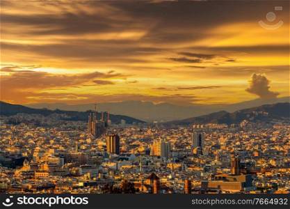 Barcelona cityscape at sunset overlook from Montjuic