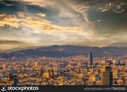 Barcelona cityscape at sunset overlook from Montjuic