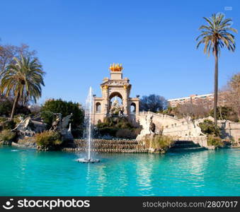 Barcelona ciudadela park lake fountain with golden quadriga of Aurora