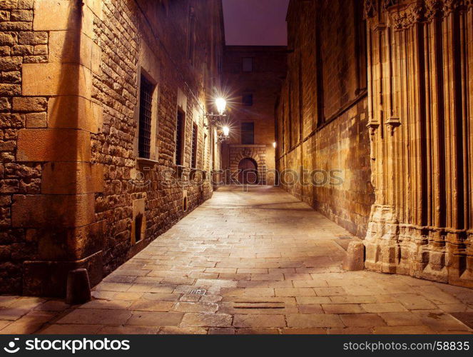 Barcelona. Gothic quarter at night.. A street of an old medieval gothic quarter in the night illumination. Barcelona. Spain.