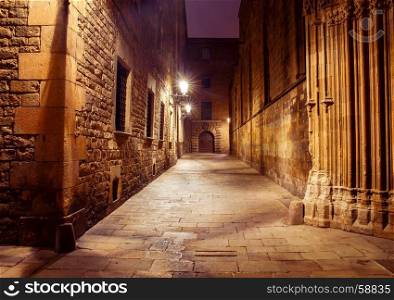 Barcelona. Gothic quarter at night.. A street of an old medieval gothic quarter in the night illumination. Barcelona. Spain.