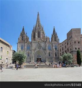 BARCELONA - JUNE 28: Cathedral Holy Cross and Saint Eulalia on June 28, 2016. A lot of tourists in front of the cathedral was constructed throughout 13th to 15th centuries in Barcelona, Spain.
