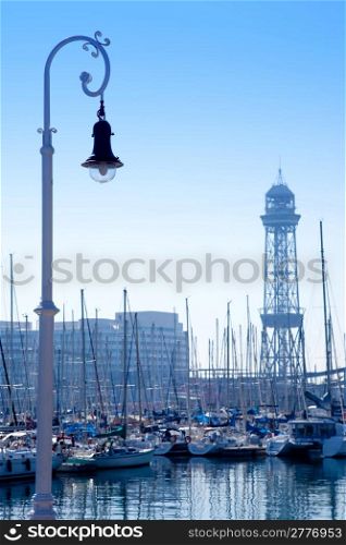 Barcelona marina port with teleferic tower and boats