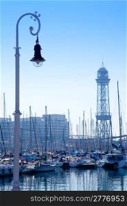 Barcelona marina port with teleferic tower and boats