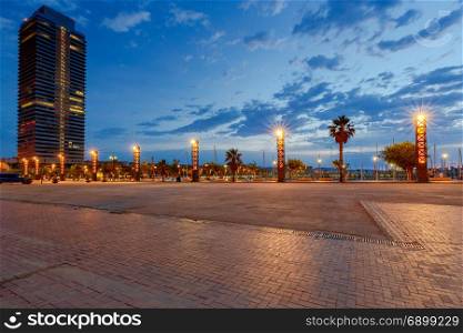 Barcelona. Olympic port at dawn.. View of the embankment Olympic port at dawn. Barcelona. Spain.