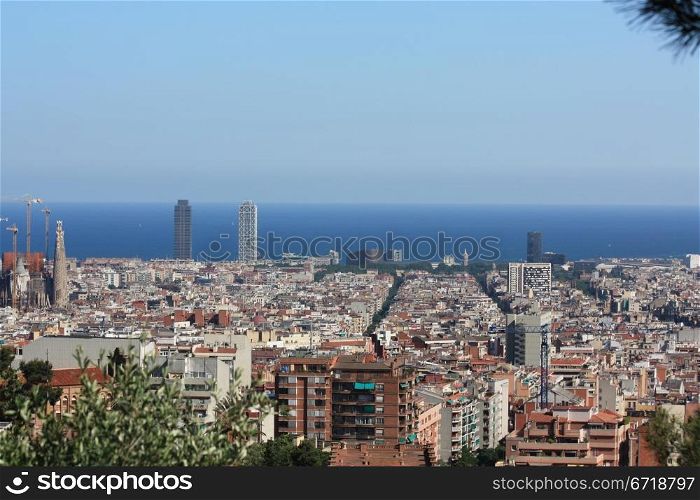 Barcelona overview from Park Guell, the famous park in Barcelona, Spain