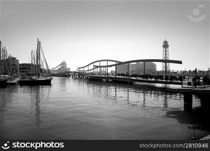 Barcelona port marina with bridge and teleferic tower