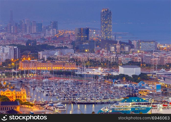 Barcelona. Seaport night.. View of the sea passenger port in Barcelona at night.