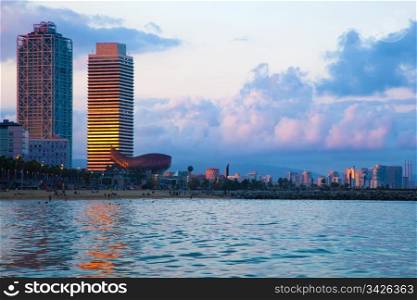 Barcelona skyline from sea. Barceloneta beach