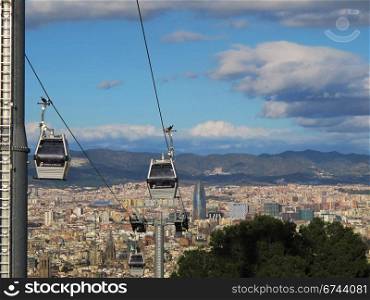 Barcelona, Spain, 2009: cityscape of Barcelona with Teleferic de montjuic, gondola lift and agbar tower