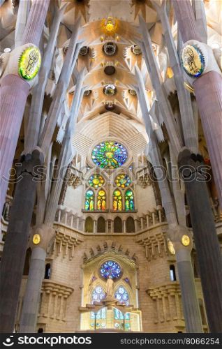 Barcelona, Spain - Jun 10:Interior of La Sagrada Familia - designed by Gaudi, which is being build since 19 March 1882 and is not finished yet Jun 10, 2014 in Barcelona, Spain.