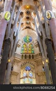 Barcelona, Spain - Jun 10:Interior of La Sagrada Familia - designed by Gaudi, which is being build since 19 March 1882 and is not finished yet Jun 10, 2014 in Barcelona, Spain.