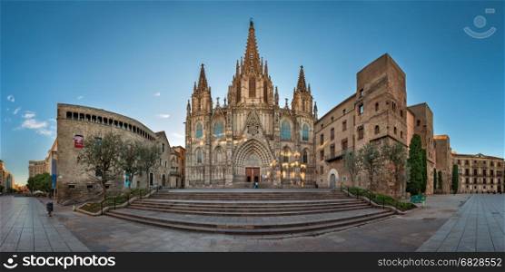 BARCELONA, SPAIN - NOVEMBER 16, 2014: Panorama of Cathedral of the Holy Cross and Saint Eulalia in Barcelona. The cathedral was constructed from the 13th to 15th centuries.