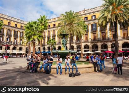 BARCELONA, SPAIN - OCTOBER 02, 2017: Royal Square or Placa Reial or Plaza Real is a square in the Barri Gothic quarter of Barcelona in Catalonia, Spain