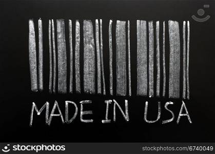 "Barcode of "Made in USA"written with chalk on a blackboard"