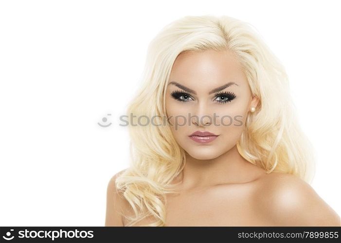 Bare Seductive Blond Woman on White Background. Close up Portrait of a Bare Seductive Young Woman with Wavy Blond Hair Isolated on White Background